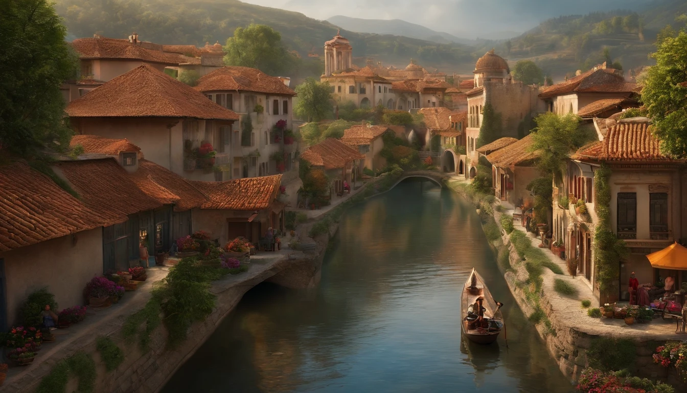 Supermarket with hallways and depth of field, (masterpiece) (exquisite) (meticulous) (true masterpiece), an ancient town, many houses, many houses, carriage trails, rivers, trees, fanciful, peaceful, women on the river view from the top of the hill