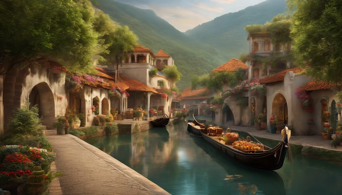 Supermarket with hallways and depth of field, (masterpiece) (exquisite) (meticulous) (true masterpiece), an ancient town, many houses, many houses, carriage trails, rivers, trees, fanciful, peaceful, women on the river view from the top of the hill