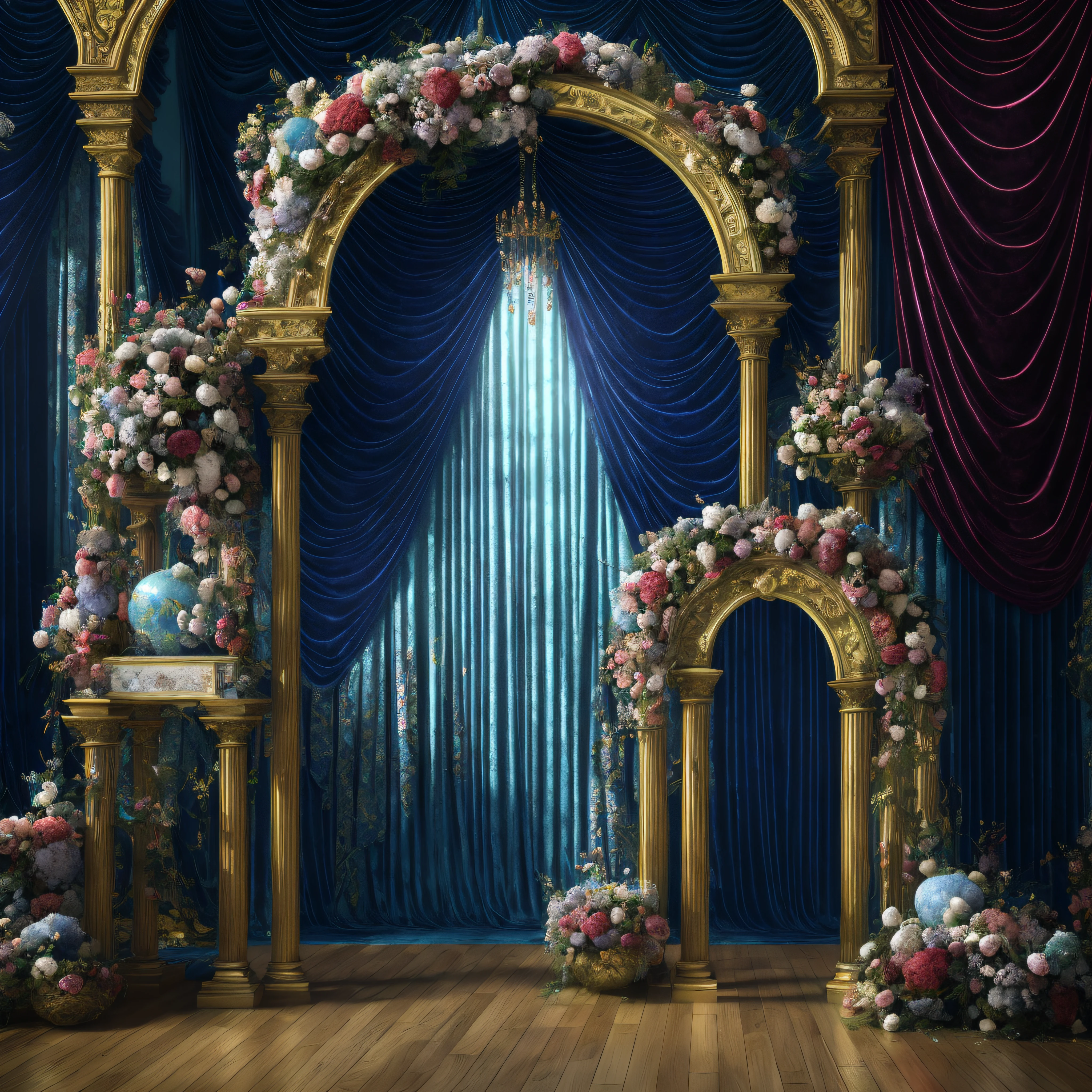 arafed arch with flowers and a blue curtain in a room, baroque style painting backdrop, stunning arcanum backdrop, ornate backdrop, baroque digital painting, ballroom background, wonderland portal, still life photo of a backdrop, draped in velvet and flowers, floral environment, floral painted backdrop, beautiful render of a fairytale, interior background art, background art deco palace