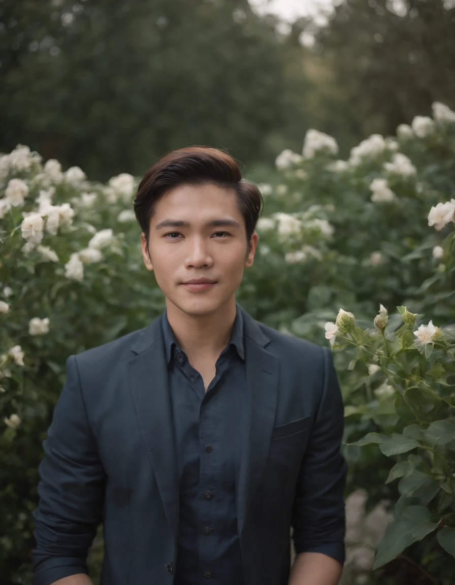 A man standing in front of some flowering plants, (suit), countryside, contemporary realism portrait photography, genderless, sony alpha a7 iii, waves, folk portrait, asian man, shy, smile