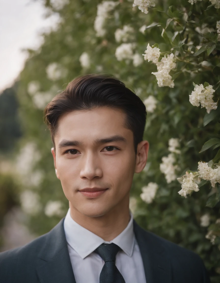 cinematic photo . 35mm photograph, film, bokeh, professional, 4k, highly detailed,A man standing in front of some flowering plants,dark suit, country, contemporary realism portrait photography, genderless, Sony Alpha a7 iii, waves, folk portrait, Asian man, shy, smile,medium shot