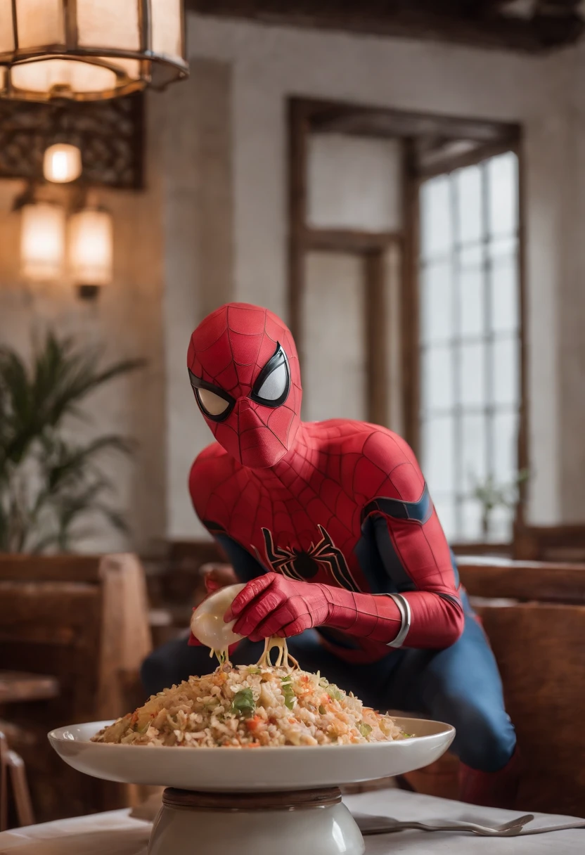 Cinematographer, ultra realista, Ropa detallada, Bellamente detallado, UHD, HDR, Altas Resoluciones, ultra detallado, Detalles intrincados, Efectos texturales, absurdos, obra maestra, 8k:1.2. En esta imagen, vemos a Spider-Man en un inusual descanso de sus actividades heroicas. He's standing in a chic Asian restaurant in his iconic costume....................... Spider-Man holds a bowl of Chinese fried rice mixed with oriental stir-fried noodles in his hands skillfully.., usando unos elegantes palillos chinos para llevar un bocado a su boca. The plate is full of fried rice, salteado. The restaurant is decorated with traditional Chinese elements, como linternas rojas colgando del techo y dragones dorados esculpidos en las paredes. The dim light of the lanterns creates a warm and welcoming atmosphere in the place.
