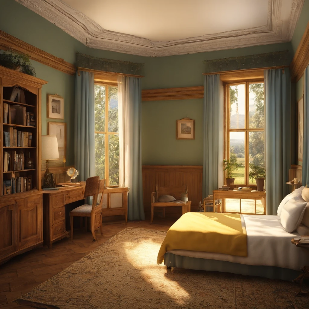 There is a room with (a light wood-colored bed with white sheets, yellow pillows and blue quilt), (a light wood-colored desk with a pencil, a notebook and a textbook on it), (a light wood-colored chair in front of the desk, a child is sitting on the chair), (a double-door wardrobe with one door open and clothes inside), a patterned carpet, a wall clock, a wall painting, (a bookcase with several books on its shelves), a full-length mirror. The room has the same dimensions in width, breadth or depth. The room has no roof or ceiling. The top of the room is open. The camera point of view is far above the room, showing the room and the garden outside the room, the trees, the swing and the flowers. The camera viewpoint is at a 45-degree angle from top to bottom, in orthographic projection. This will be a screenshot from the game. This image should convey the American rural lifestyle of the 1900s.