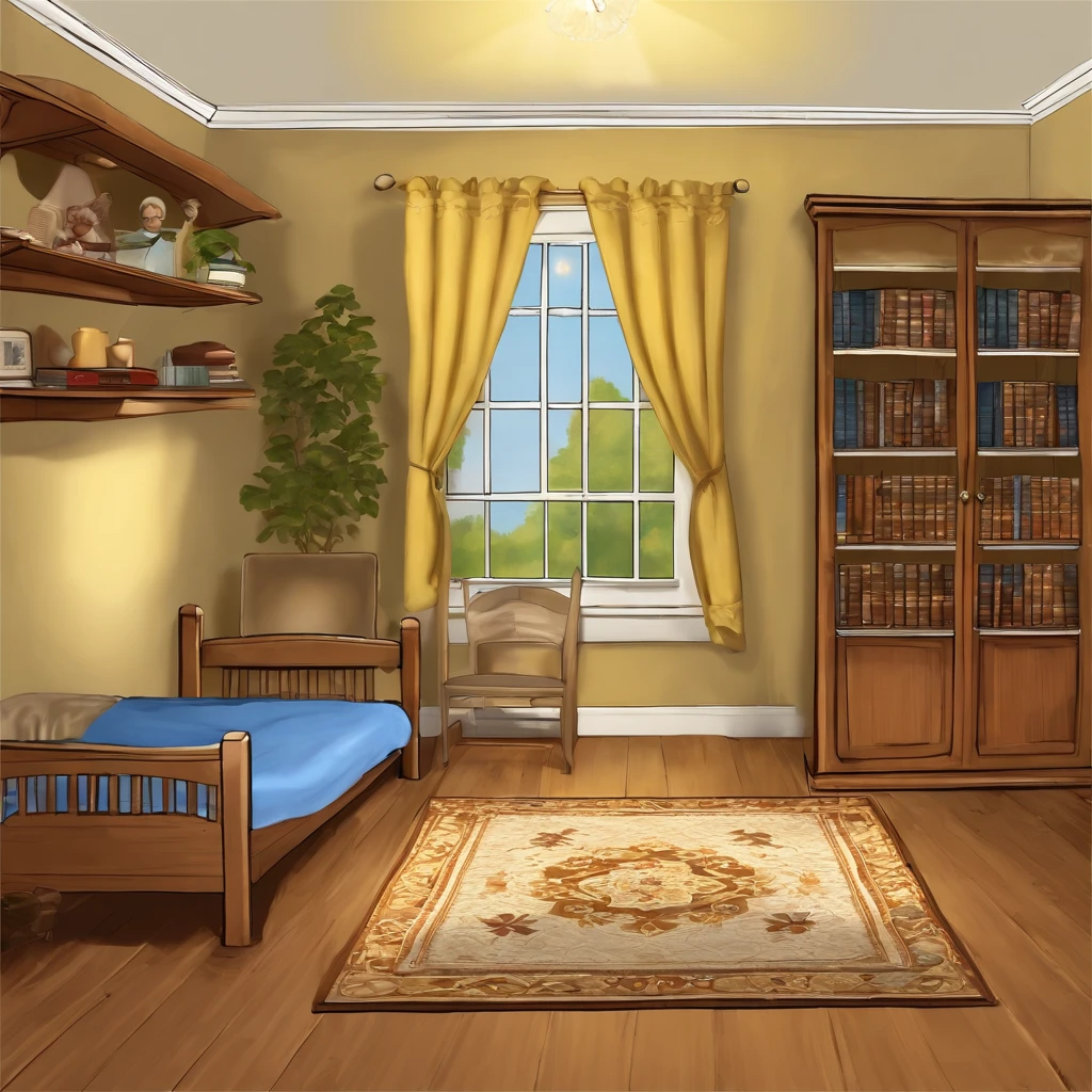 There is a room with (a light wood-colored bed with white sheets, yellow pillows and blue quilt), (a light wood-colored desk with a pencil, a notebook and a textbook on it), (a light wood-colored chair in front of the desk, a is sitting on the chair), (a double-door wardrobe with one door open and clothes inside), a patterned carpet, a wall clock, a wall painting, (a bookcase with several books on its shelves), a full-length mirror. The room has the same dimensions in width, breadth or depth. The room has no roof or ceiling. The top of the room is open. The camera point of view is far above the room, showing the room and the garden outside the room, the trees, the swing and the flowers. The camera viewpoint is at a 45-degree angle from top to bottom, in orthographic projection. This will be a screenshot from the game. This image should convey the American rural lifestyle of the 1900s.