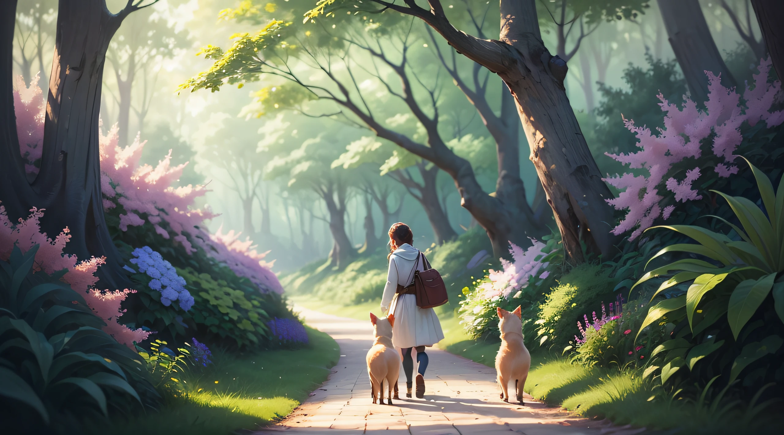 beautiful flowers and trees, tranquility, peaceful atmosphere, soft and vibrant colors, magical lighting, enchanting scenery, gentle breeze, cute animals playing, joyful and carefree, immersive experience