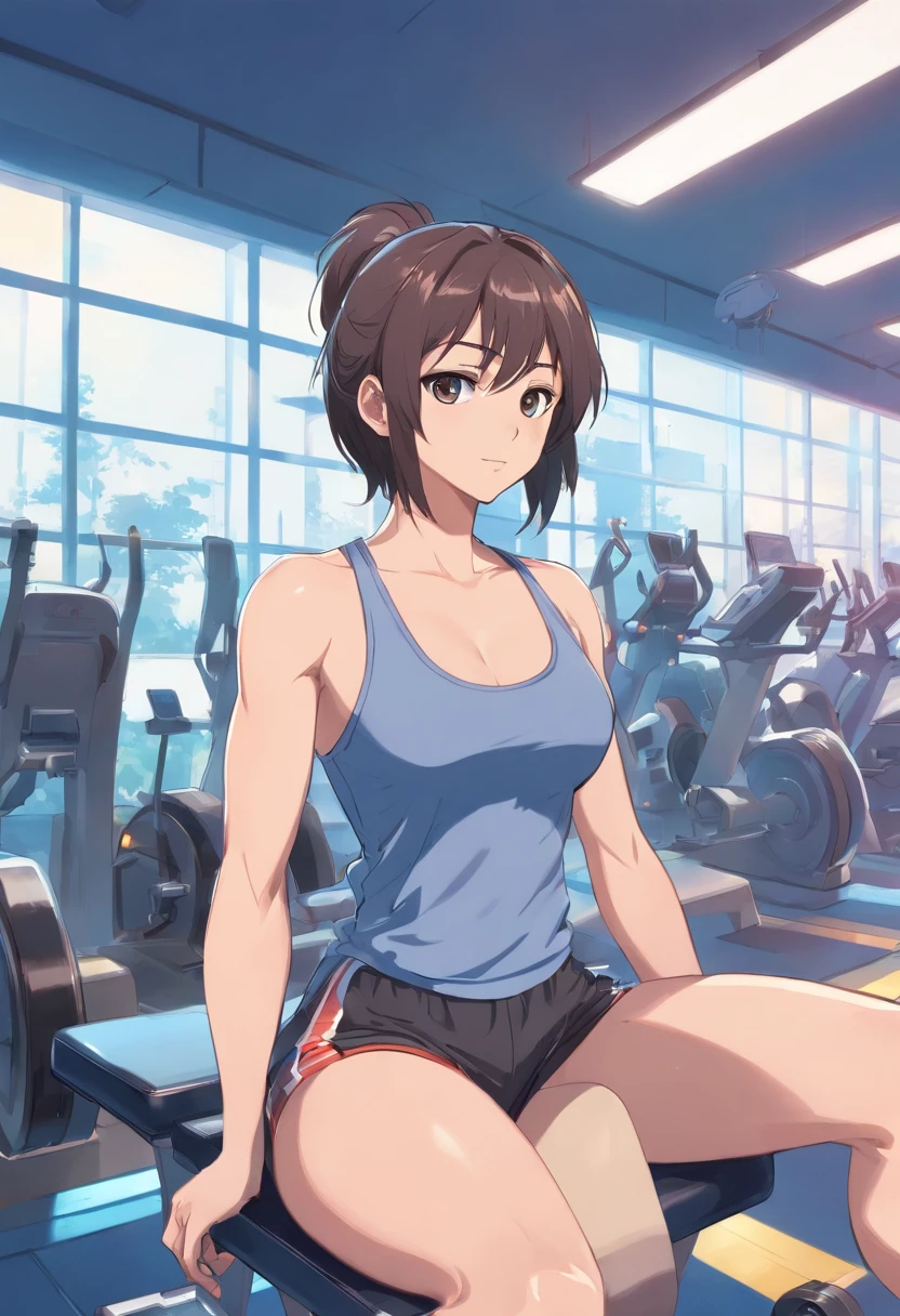 anime chico joven, medias gafas, Medium muscles in a gym, haciendo ejercicio, Science-Fiction, Culturismo, inspirado en Kim Eung-hwan, de espaldas, With your eyes you looked back, musculos medianos, hombros fuertes, inspirado en Yeong-Hao Han, exaggerated physique, Super buff y cool, delgado pero musculoso.