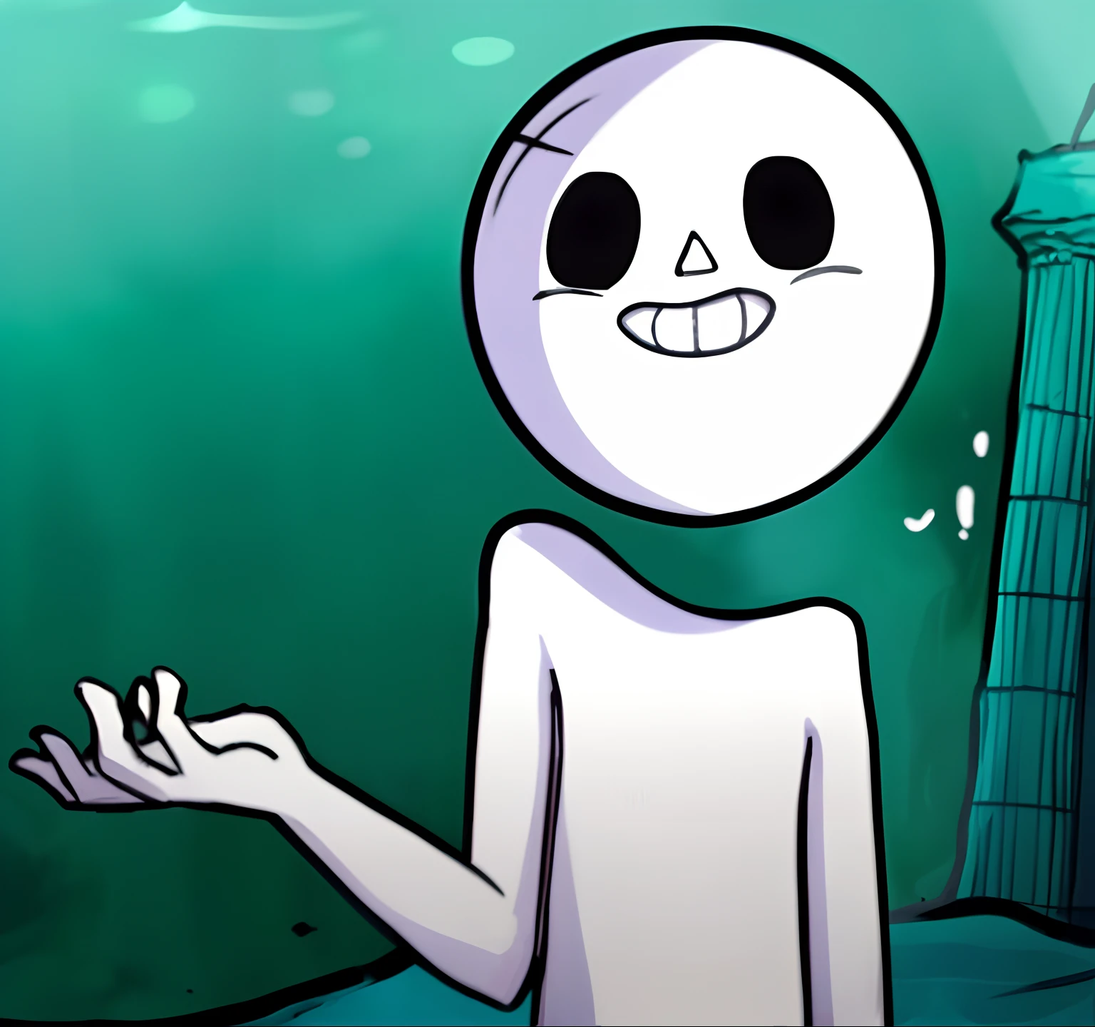desenho animado de um homem com um rosto assustador e um rosto assustador, talassofobia, sem subsolo, humans hide in the underwater, in a underwater horror scene, gelatinoso com um sorriso, figura do palito, afogado, long arms, creepypasta, animado ainda, Horror em Mar Profundo, a friendly wisp, very long arms, animation movie still, Cavaleiro Oco