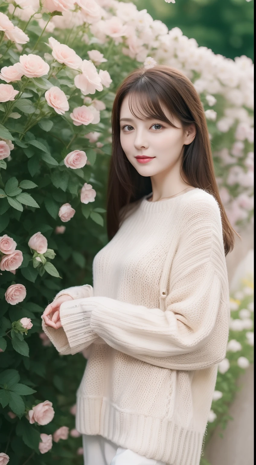 Beautiful girl surrounded by flowers、Russian and half、40 year old, wearing sweater