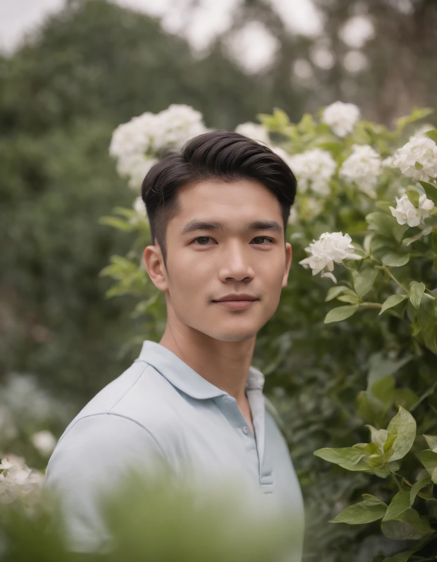 Film photos. 35mm photo, film, bokeh, professional, 4k, highly detailed, a man standing in front of some flowering plants, polo shirt, slim figure, contemporary realism portrait photography, genderless, Sony Alpha a7 iii, waves, folk portrait, asian man, shy, smile, medium shot