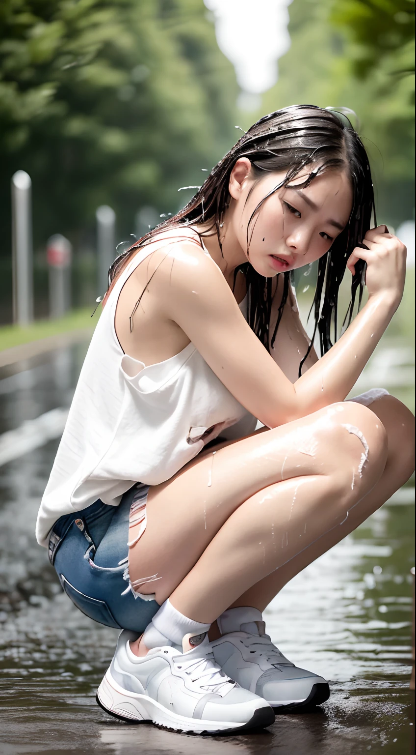 best image quality, masterpiece, super high resolution, (fidelity:1.4), photo, 1 girl, white shirt, torn jeans, white sneakers, dim, darkness, despair, pity, poor, movie, tears, teardrops, (torn clothes:1.5), (wet clothes:1.4), bare shoulders, real rain, wet hair,..微笑