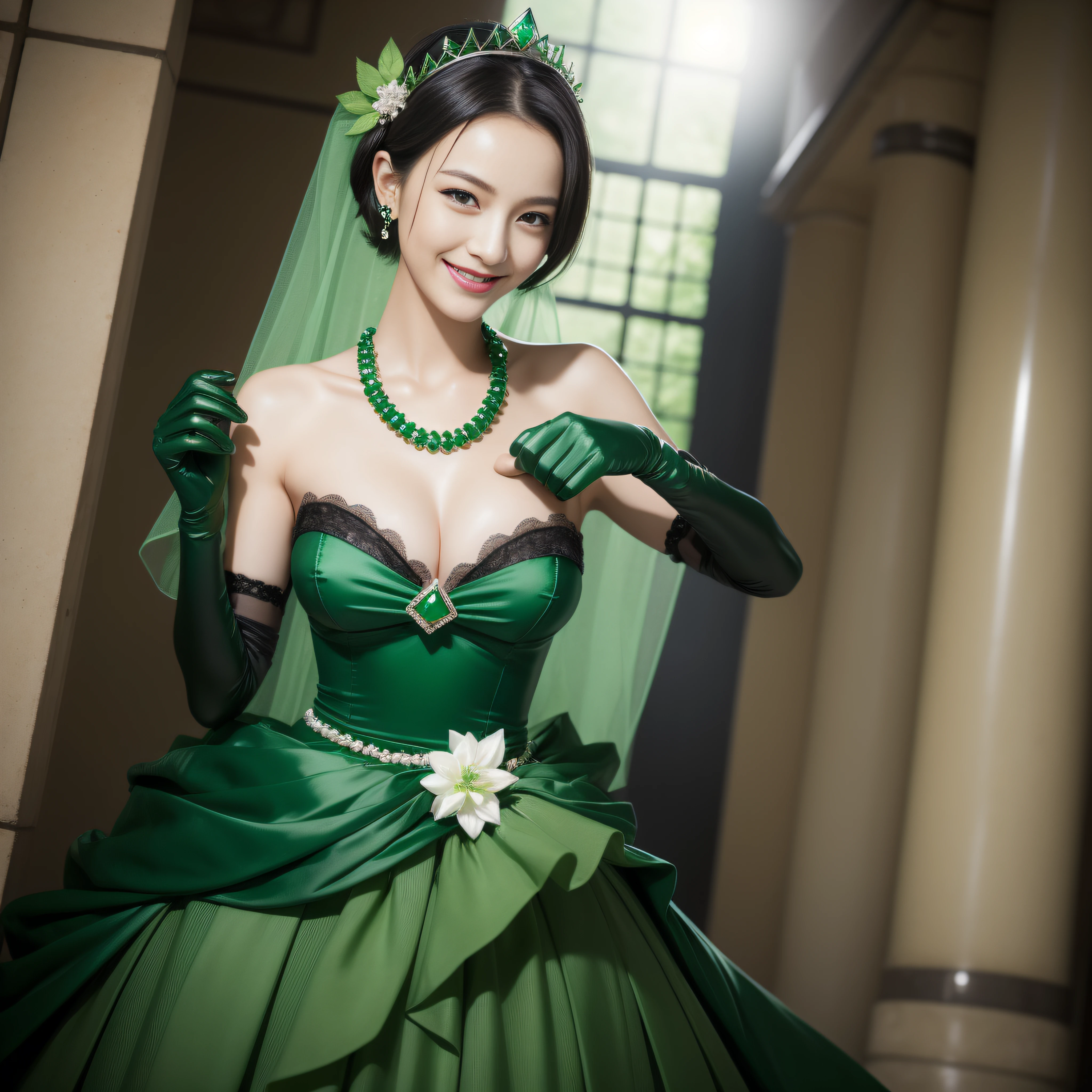 Boyish very short black hair, lipsticks, Japan woman smiling, Green Long Grove, Emerald Tia boyish very short black hair, lipsticks, Japan woman smiling, Satin green long gloves, emerald tiara, Pearl Necklace, verd s eyes, Green eyes, Long green gloves made of satin material, big breasts beautiful, Green Bridal Veil, Emerald Earrings