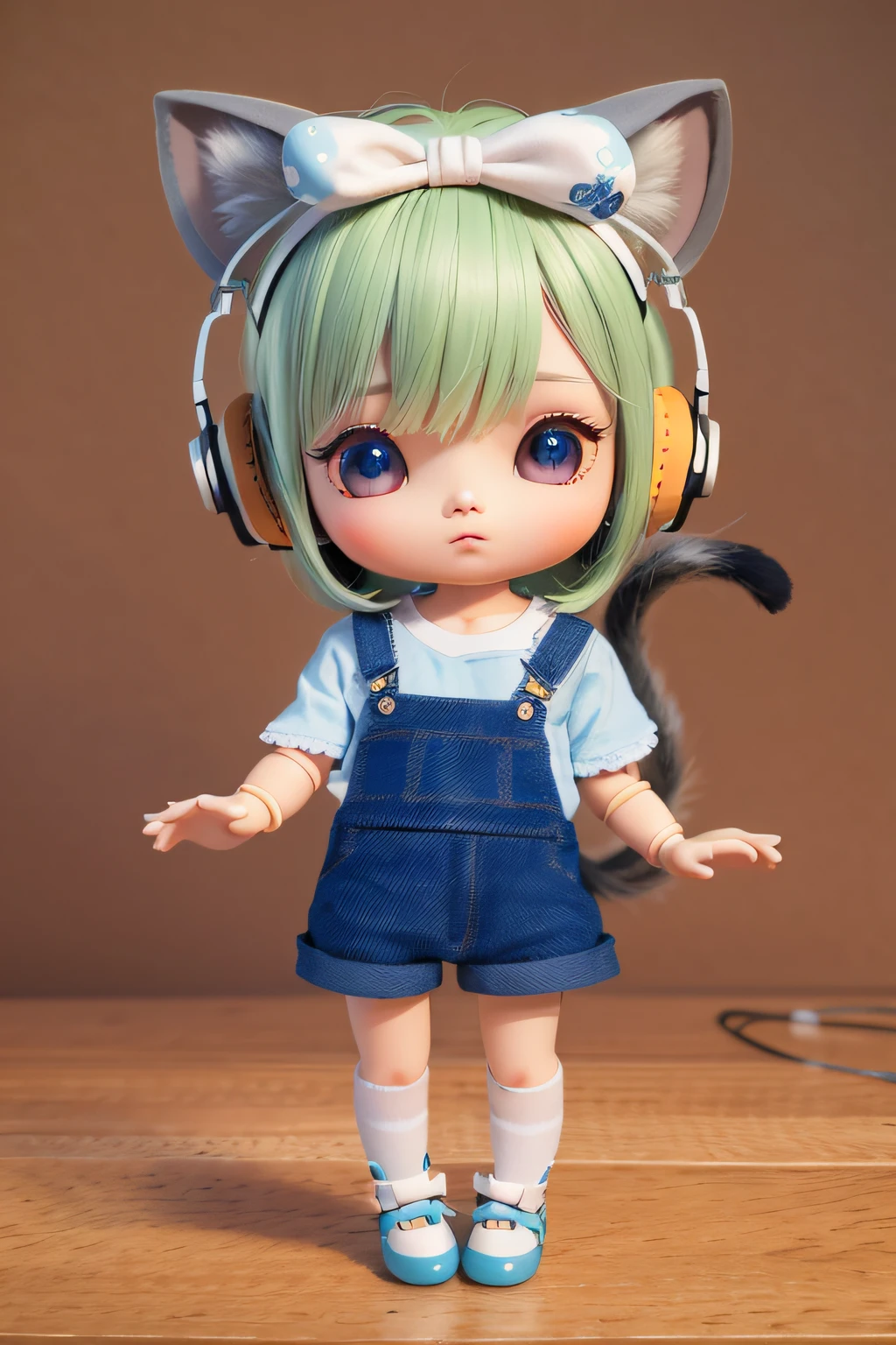 A cute BJD doll，Short hair，Head-to-body ratio 2:1，Wear a short-sleeved shirt，Slip denim skirt，Wear cat-ear headphones，Has a long cat tail，A bow is tied to the tail，Real skin texture，The clothing fabric is realistic，photo-realistic hair，Real hair，Expression pouting，cruel，Full body medium composition