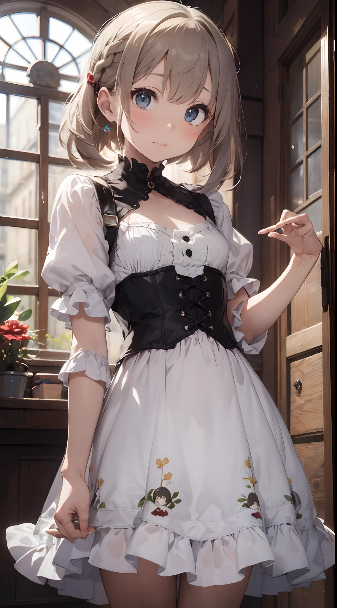 top-quality、masterpiece、The upper part of the body、 (Gamine:1.6)Ukrainian girls、(The best smile:0.4)、 braided blond hair、 emerald eyes、 Medieval dresses、neckline、 corsets、hair adornments、Ghibli's Worldview、central、Blur the background、独奏、flat chest , Flat、Cute gesture、Bruising acting、In body type、toddys of sunshine、dazzling、Hold your hand over it