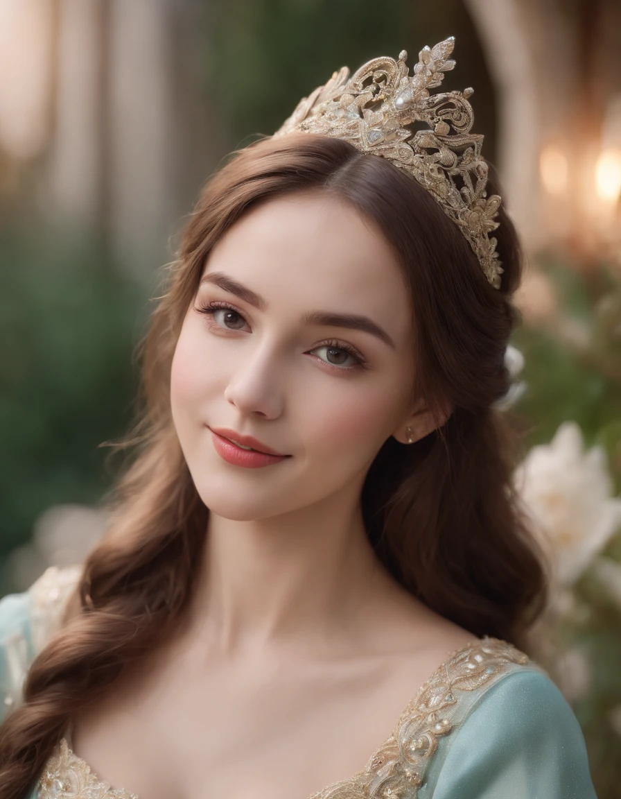(high quality:1.2),(4k,disney style,close-up:intimate),disney prince and princess,close-up portrait,realistic eyes and lips,sparkling eyes,rosy cheeks,detailed facial features,vibrant colors,storybook atmosphere,romantic setting,enchanted garden backdrop,lush greenery,fairy-tale romance,perfect lighting,soft focus,whimsical expressions,endearing smiles,royal attire,ornate jewelry,touch of magic,magical atmosphere,g