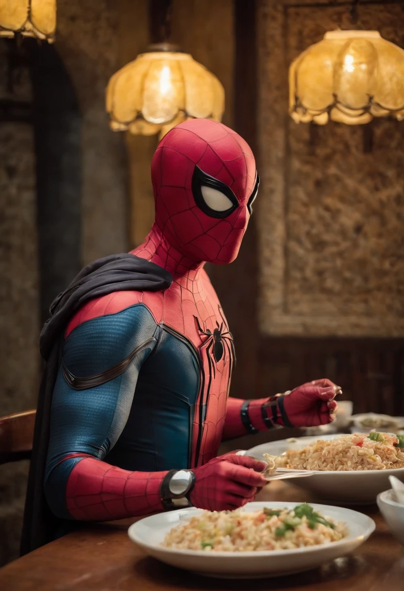 Cinematographer, ultra realista, Ropa detallada, Bellamente detallado, UHD, HDR, Altas Resoluciones, ultra detallado, Detalles intrincados, Efectos texturales, absurdos, obra maestra, 8k:1.2. En esta imagen, vemos a Spider-Man en un inusual descanso de sus actividades heroicas. He's standing in a chic Asian restaurant in his iconic costume...................... Spider-Man holds a bowl of Chinese fried rice mixed with oriental stir-fried noodles in his hands skillfully.., usando unos elegantes palillos chinos para llevar un bocado a su boca. The plate is full of fried rice, salteado. The restaurant is decorated with traditional Chinese elements, como linternas rojas colgando del techo y dragones dorados esculpidos en las paredes. The dim light of the lanterns creates a warm and welcoming atmosphere in the place.