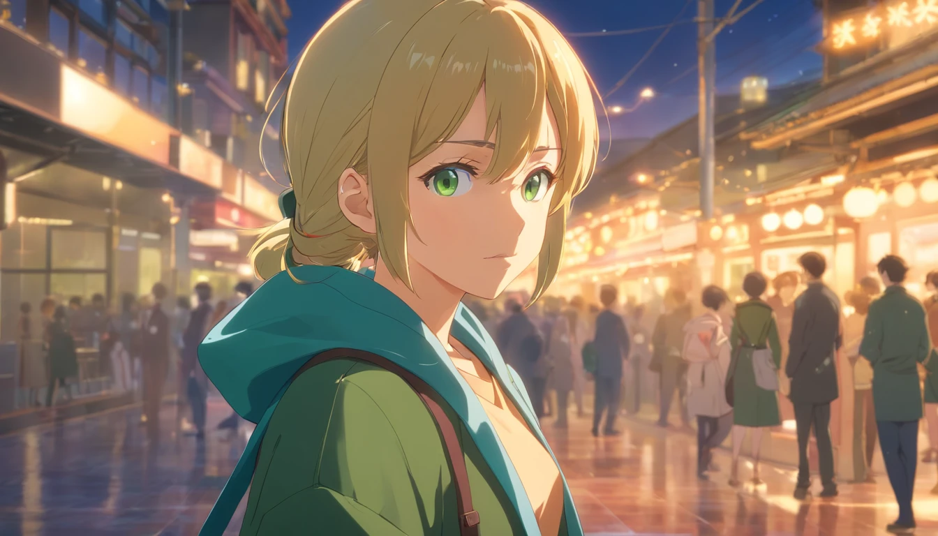 tmasterpiece, beste-Qualit, filmstill, tmasterpiece, beste-Qualit, filmstill, 1 boy, blonde man, hair in a ponytail, Long Split Bangs, gray eyes, black turtleneck, green coat, smirk, (Rich in detail), tmasterpiece, 独奏,illumination,Light,dinamic angle,Depth of field,light and shadow, Real Light and Shadow, diffuse reflection, Outstanding picture quality