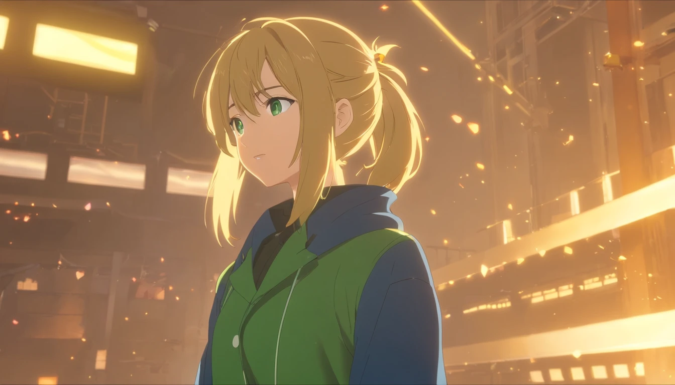 tmasterpiece, beste-Qualit, filmstill, tmasterpiece, beste-Qualit, filmstill, 1 boy, blonde man, hair in a ponytail, Long Split Bangs, gray eyes, black turtleneck, green coat, smirk, (Rich in detail), tmasterpiece, 独奏,illumination,Light,dinamic angle,Depth of field,light and shadow, Real Light and Shadow, diffuse reflection, Outstanding picture quality