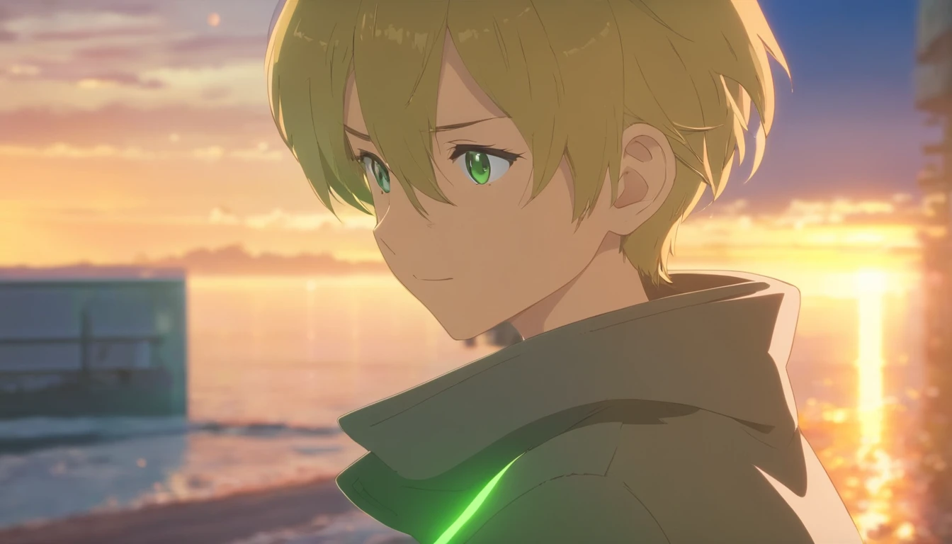 tmasterpiece, beste-Qualit, filmstill, tmasterpiece, beste-Qualit, filmstill, 1 boy, blonde man, hair in a ponytail, Long Split Bangs, gray eyes, black turtleneck, green coat, smirk, (Rich in detail), tmasterpiece, 独奏,illumination,Light,dinamic angle,Depth of field,light and shadow, Real Light and Shadow, diffuse reflection, Outstanding picture quality
