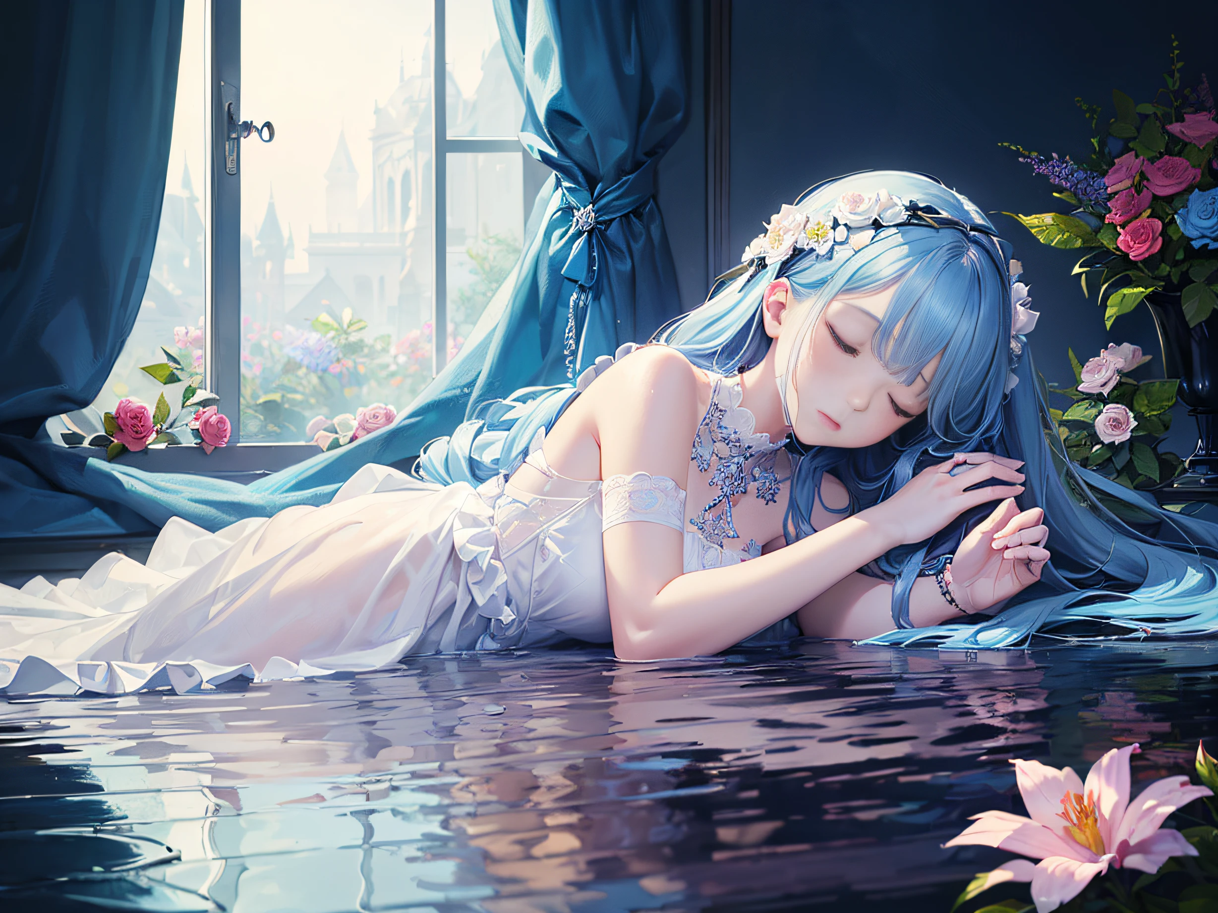 (masterpiece, highest quality, perfect details:1.4), full body, (white gothic fashion sleeping 1girl:1.5, blue color long hair:1.3), realistic hair, pink color big flower, flower art, a flower, very intricate, black water reflection, dawn angle, (open eyes:1.3)