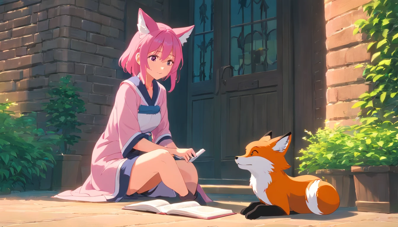 A pink-haired,Fox Mature Witch, ultra - detailed, 8K, Unreal Engine 5,The eyes show enchantment and longing,Sitting in the courtyard with a book in hand