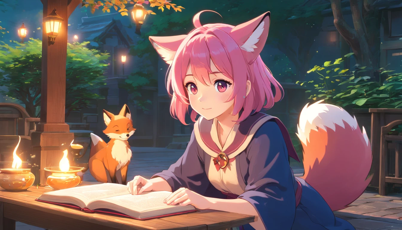 A pink-haired,Fox Mature Witch, ultra - detailed, 8K, Unreal Engine 5,The eyes show enchantment and longing,Sitting in the courtyard with a book in hand