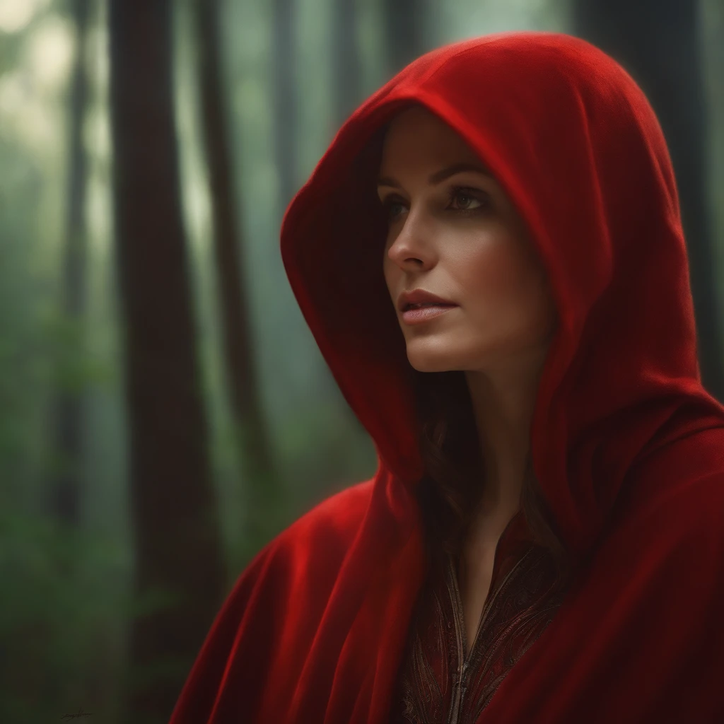 close-up portrait of NewLaraCroft in a forest, (backlight), realistic, masterpiece, highest quality, ((red hooded cloak)), ((scared )), lens flare, shadow, bloom, (( flashes of light)), [chromatic aberration], by Jeremy Lipking, by Antonio J. Manzanedo, by (Alphonse Mucha), digital painting