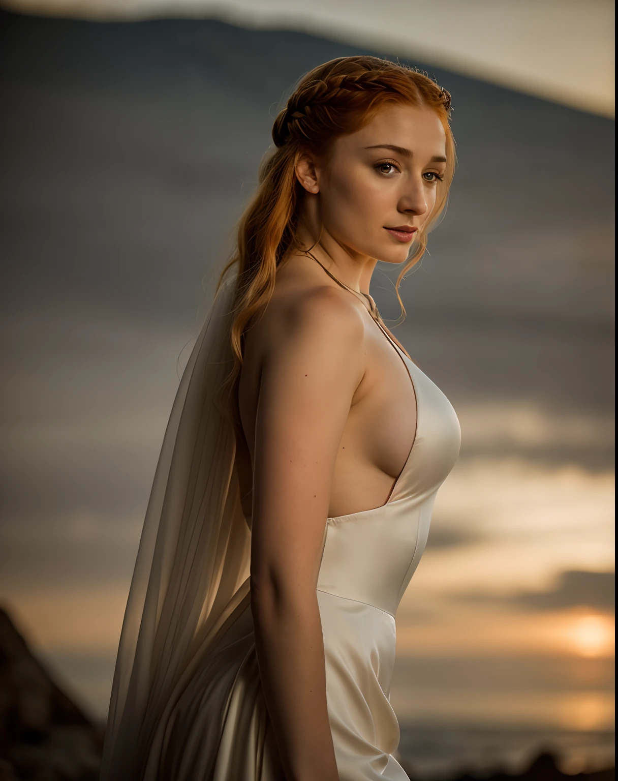 Foto RAW, Sansa Stark, Extremely gorgeous lady, Sansa Stark PLAYED BY Sophie Turner, Queen Sansa Stark, she is a mature woman now, milf, sexy mediaeval battle dress, gladiator woman, body, 45 years old Woman, body revealing costumes, perky breast, alluring figure, big natural breast, mediaeval costumes, mediaeval queen dress, erotic costumes, lusty physique, seductive figure can capture every people's attention, Game of thrones costumes, revealing captivating figure, Mediaeval costumes, revealing clothes, A tomboy, she would rather fence than dance, warrior queen , game of thrones screen caps, Game of Thrones Series, (pele altamente detalhada: 1.2), 8k UHD, DSLR, soft-lighting, alta qualidade, grain of film, Fujifilm XT3