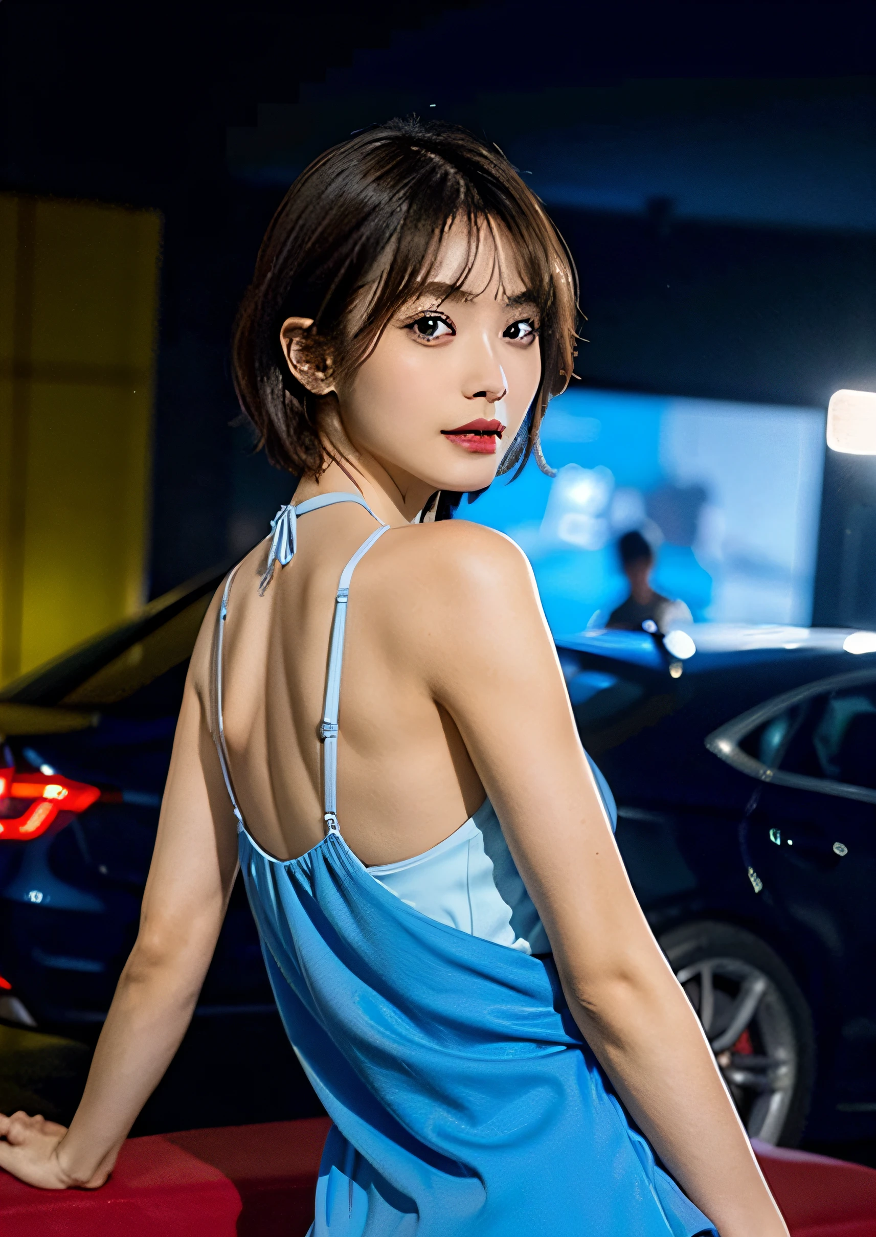 top-quality、Super detail、Body sideways、Looks Back、Feet can be seen、skinny thigh、perfectfingers、perfect foot、Perfect body Photorealsitic, 8K、The lateral chest is visible、cleavage、areola of breast、(Has large)、Beautiful body lines、being thin、short detailed hair、Skin exposed,(Open your legs:1.5),blue dress,Little bikini,8K, yes,电影灯光,club,1 beautiful girl