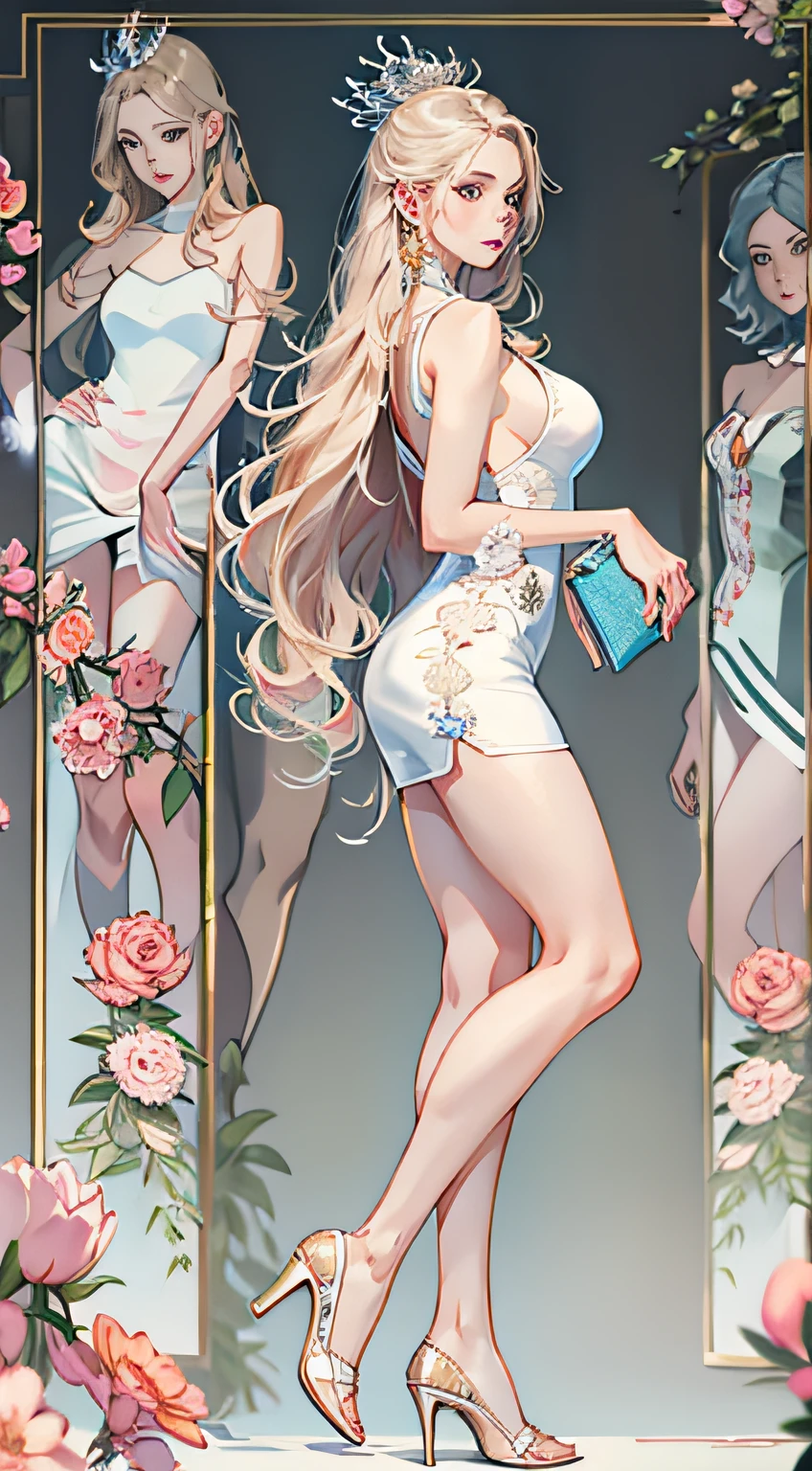 1 girl with pure desire,Age 25 years,standing on your feet,wearing evening gown,Charming looking,Feminized facial features,mesmerizing eyes,Straight hair,A calm posture,Porcelain-like skin,Subtle blush,a white wall,ultra - detailed,offcial art,统一 8k 壁纸,2.5D thick coating,Characters shrink,fully body photo,Wear high heels
