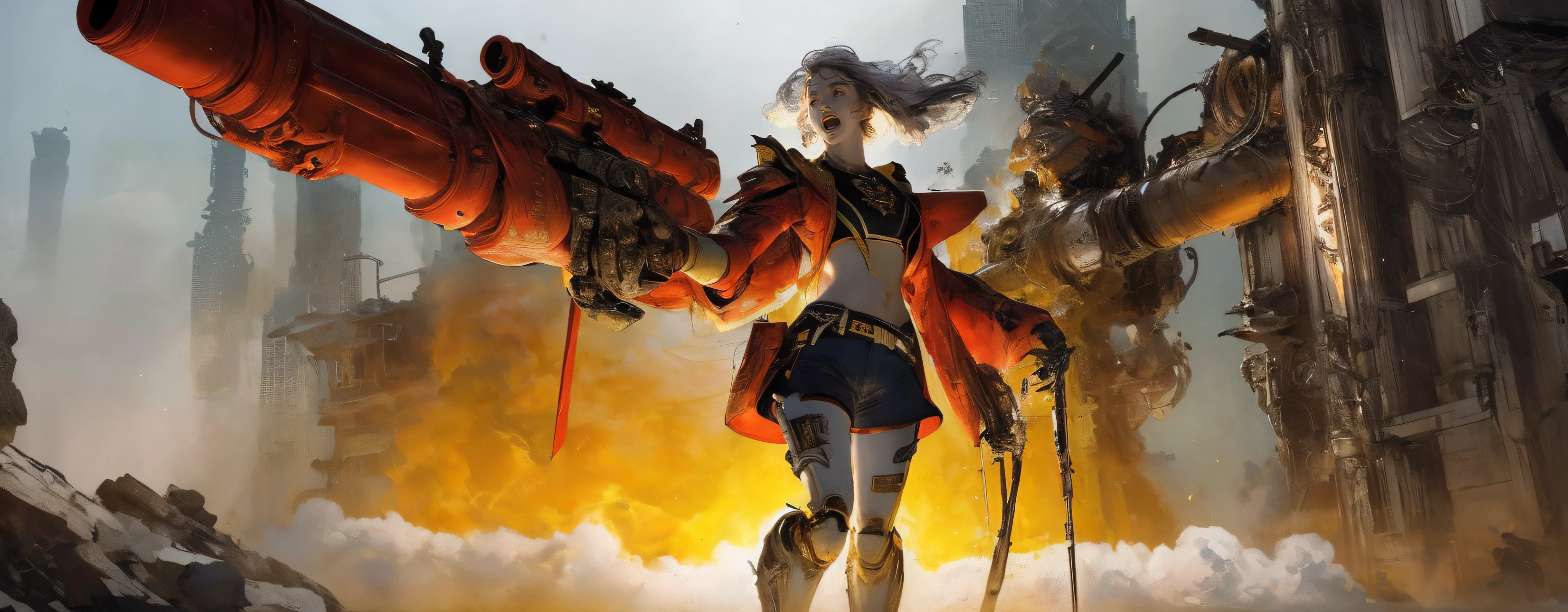 (Solo:1.8)Perspective, in a panoramic view, Atmospheric perspective, vanishing point，Full body shot, Asian women, City background in a cyberpunk style, wearing a bomber jacket、Crop top and denim shorts, Fight with metal-chrome-looking humanoid robot robots, With a large machine gun, Equipped with a long laser rifle, Shoot laser rifles, Shoot lasers into the sky, Missile strikes, rocket launch, Rapid fire, blasts, hand to hand combat, Fighting、guns blazing, Punch face, Open mouth, irate，Screaming, Frontal shot, Side shot