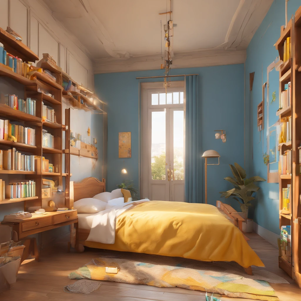 There is a room with (a light wood-colored bed with white sheets, yellow pillows and blue quilt), (a light wood-colored desk with a pencil, a notebook and a textbook on it), (a light wood-colored chair in front of the desk, a is sitting on the chair), (a double-door wardrobe with one door open and clothes inside), a patterned carpet, a wall clock, a wall painting, (a bookcase with several books on its shelves), a full-length mirror. The room has the same dimensions in width, breadth or depth. The room has no roof or ceiling. The top of the room is open. The camera point of view is far above the room, showing the room and the garden outside the room, the trees, the swing and the flowers. The camera viewpoint is at a 45-degree angle from top to bottom, in orthographic projection. This will be a screenshot from the game. This image should convey the American rural lifestyle of the 1900s.