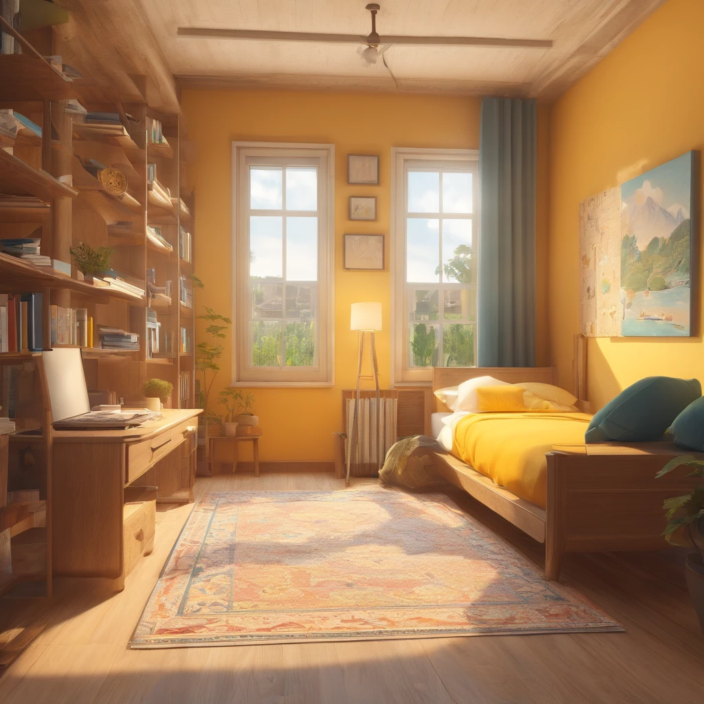 There is a room with (a light wood-colored bed with white sheets, yellow pillows and blue quilt), (a light wood-colored desk with a pencil, a notebook and a textbook on it), (a light wood-colored chair in front of the desk, a child is sitting on the chair), (a double-door wardrobe with one door open and clothes inside), a patterned carpet, a wall clock, a wall painting, (a bookcase with several books on its shelves), a full-length mirror. The room has the same dimensions in width, breadth or depth. The room has no roof or ceiling. The top of the room is open. The camera point of view is far above the room, showing the room and the garden outside the room, the trees, the swing and the flowers. The camera viewpoint is at a 45-degree angle from top to bottom, in orthographic projection. This will be a screenshot from the game. This image should convey the American rural lifestyle of the 1900s.