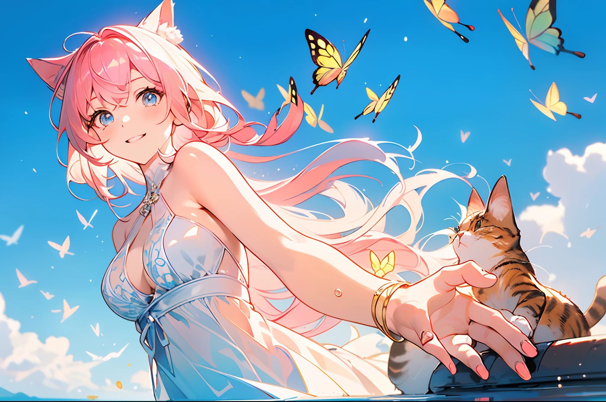 masutepiece、Very cute cat、fantastic quality、beatiful backgrounds、Clear Image、With cats（（（（Cute Cat 1.2））））Girl with a cat,(((Personage as the main perspective))),(((characters in the middle))),((masutepiece)),((Best Quality)),(Ultra-detailed),(Illustration),Clear margins,Alphonse Mucha,the Extremely Detailed CG Unity 8K Wallpapers,((extremely delicate and beautiful)),(Dynamic Angle),Enchanted forest at night illuminated by glowing mushrooms,((Tindall Effect)),(Fluorescent mushroom forest background),1girl in,(arms behind back),(Beautiful detailed eyes),Cute pink eyes,Golden pupil,Detailed face,Upper body,White Dress,messy floating pink hair（（rainbow-colored hair））,disheveled hair,Focus,(beautiful water),River,Flying butterfly,Sunlight,shine,Chiaroscuro,Ray-Ban_tracing,(Painting),[[[[[[8k artistic photography]