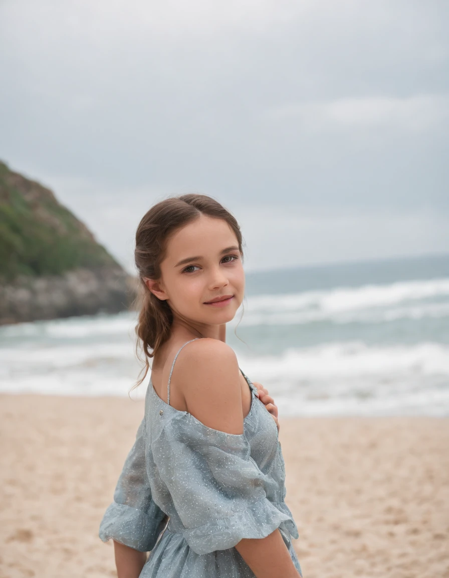 a girl , playing in the beach, realistic photograph, taken with a 50 mm, canon, no watermark, strong facial expressions, highly realistic, natural style