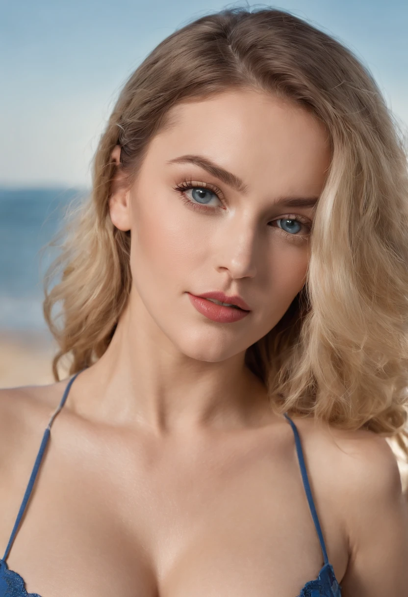 RAW, Nikon z 85mm,Award Winning Glamour Photograph extremely detailed award winning glamour photograph, front lit, HDR. Beautiful Ukrainian woman in beach, pin up style bra, blond hair, blue eyes, ((high detailed skin, skin details)), perky, sharp focus, 8k uhd, dslr, high quality, film grain, rim light, koda chrome, large breasts busting out (((Full body Shot)))