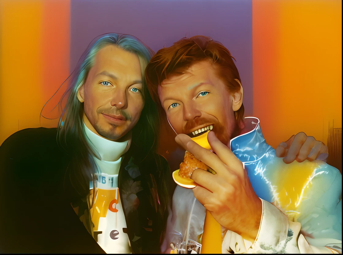 there are two men posing for a picture with a donut, colorful aphex twin, rickroll, thom yorke age 2 5, roger dean and andrei tarkovsky, james jean and clyde caldwell, eddie, greg rutkowski and wayne barlowe, by David Gilmour Blythe, myself, david spade, wayne barlowe and artem demura, conan