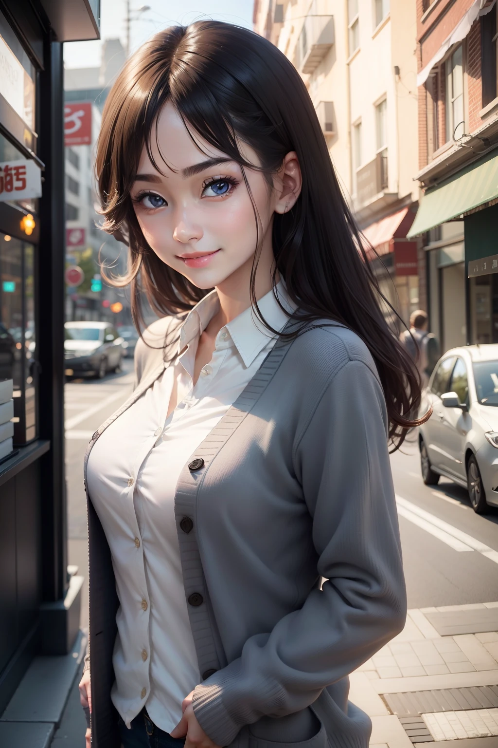 cardigan、Realistic skin type、Realistic eyes、femele、a smile、A slender