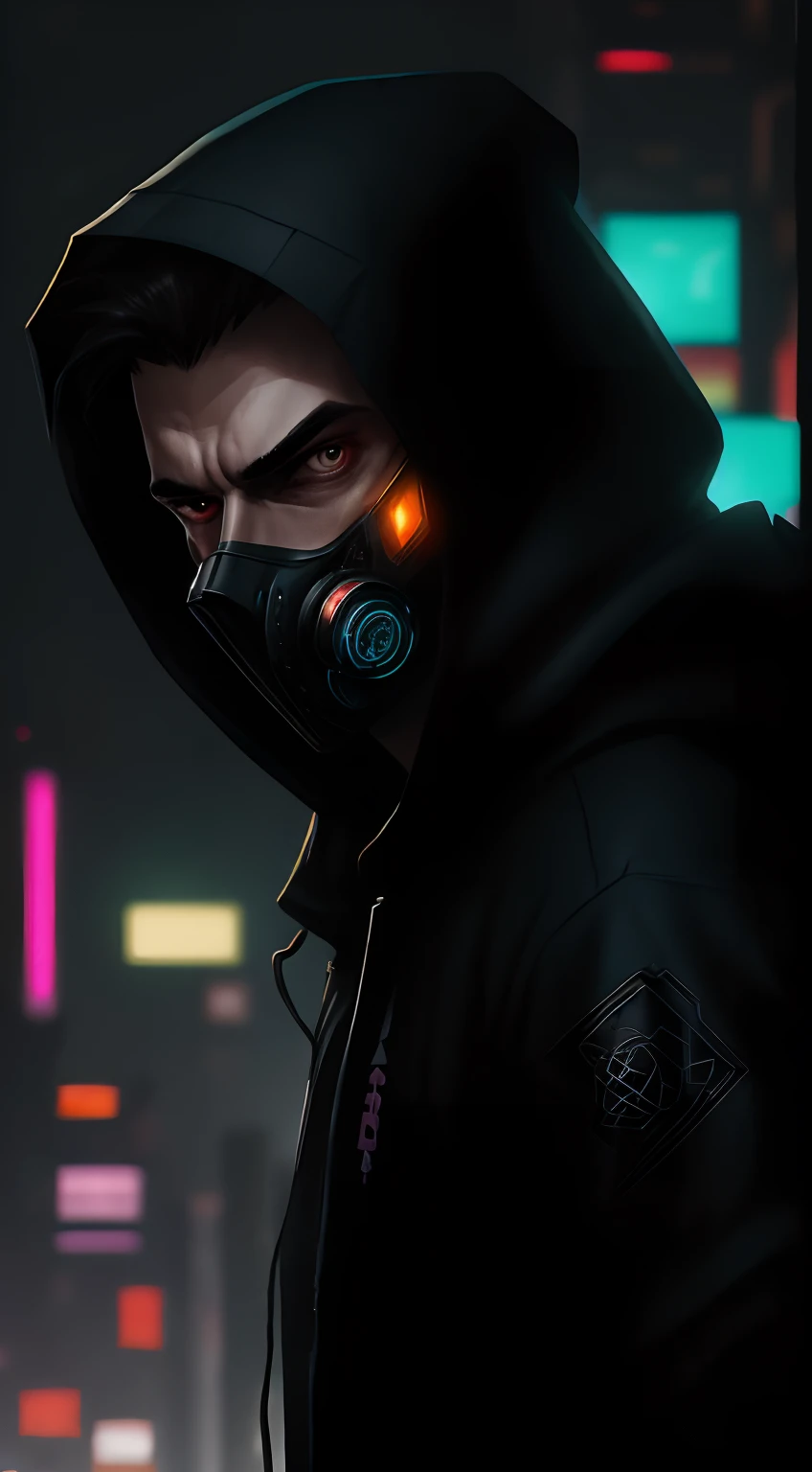 Hooded man, face mask, neon ring in background, cyberpunk art style, cyberpunk style, cyberpunk style, cyberpunk character, hyper-realistic cyberpunk style, cyberpunk color, powerful lighting, motion synchronization, dynamism, charged energy, hot action