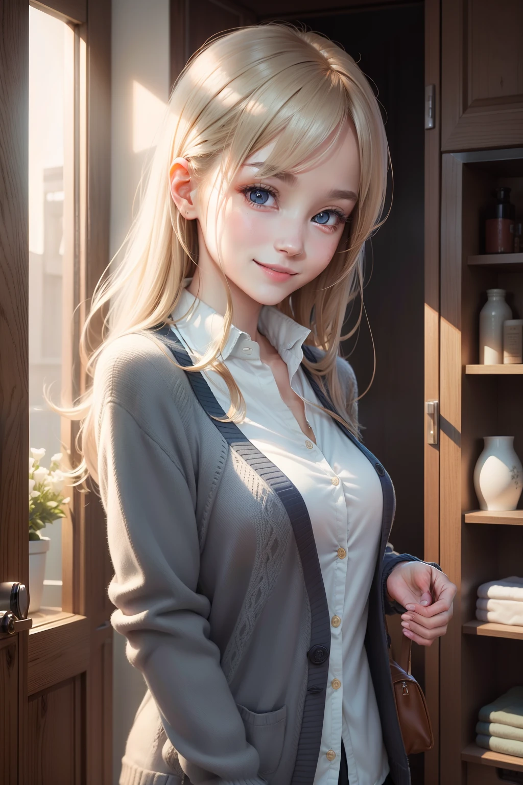cardigan、Realistic skin type、Realistic eyes、femele、a smile、A slender