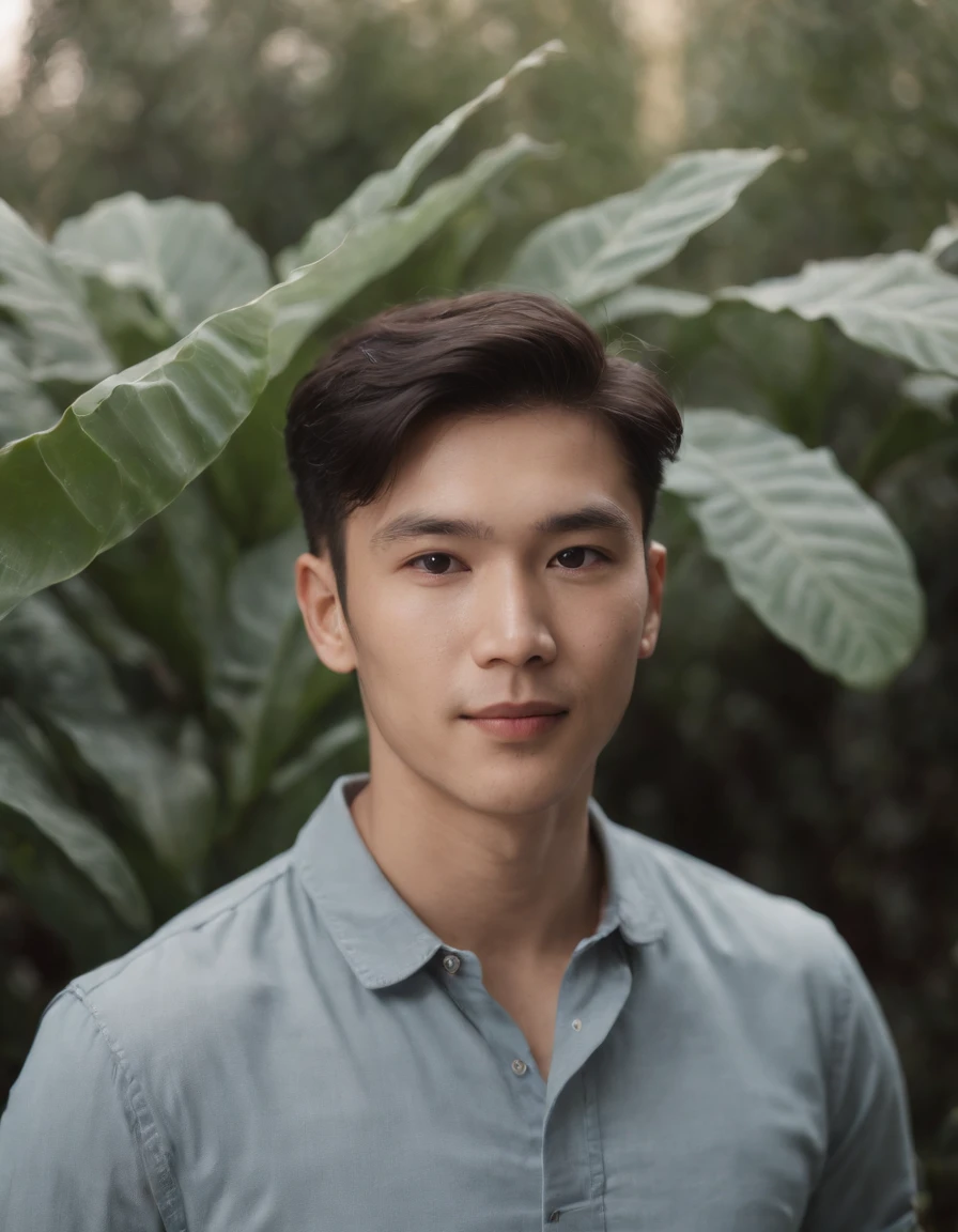 Film photos. 35mm photo, film, bokeh, professional, 4k, highly detailed, a man standing in front of some plants, dark polo shirt, thin, contemporary realism portrait photography, genderless, sony alpha a7 iii, waves, folk portrait, asian man, shy, smile, medium shot