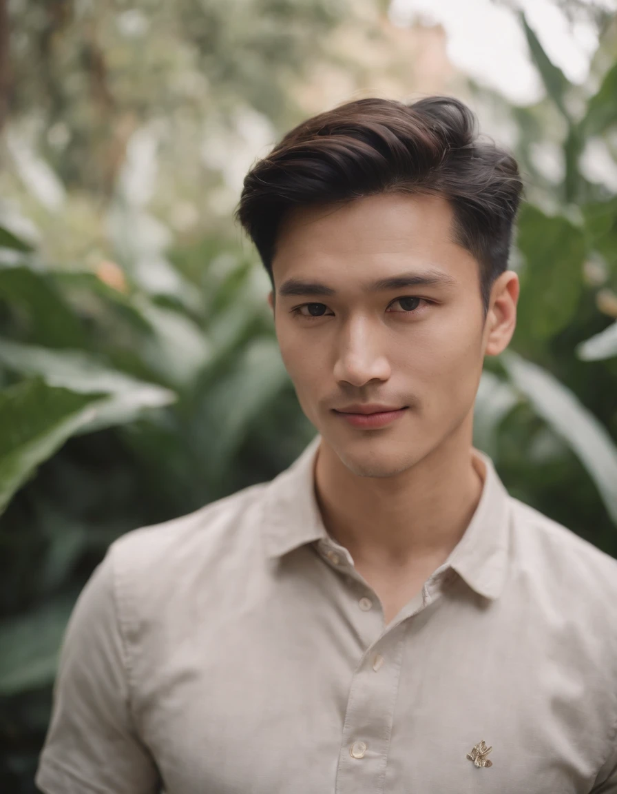 Film photos. 35mm photo, film, bokeh, professional, 4k, highly detailed, a man standing in front of some plants, dark polo shirt, thin, contemporary realism portrait photography, genderless, sony alpha a7 iii, waves, folk portrait, asian man, shy, smile, medium shot