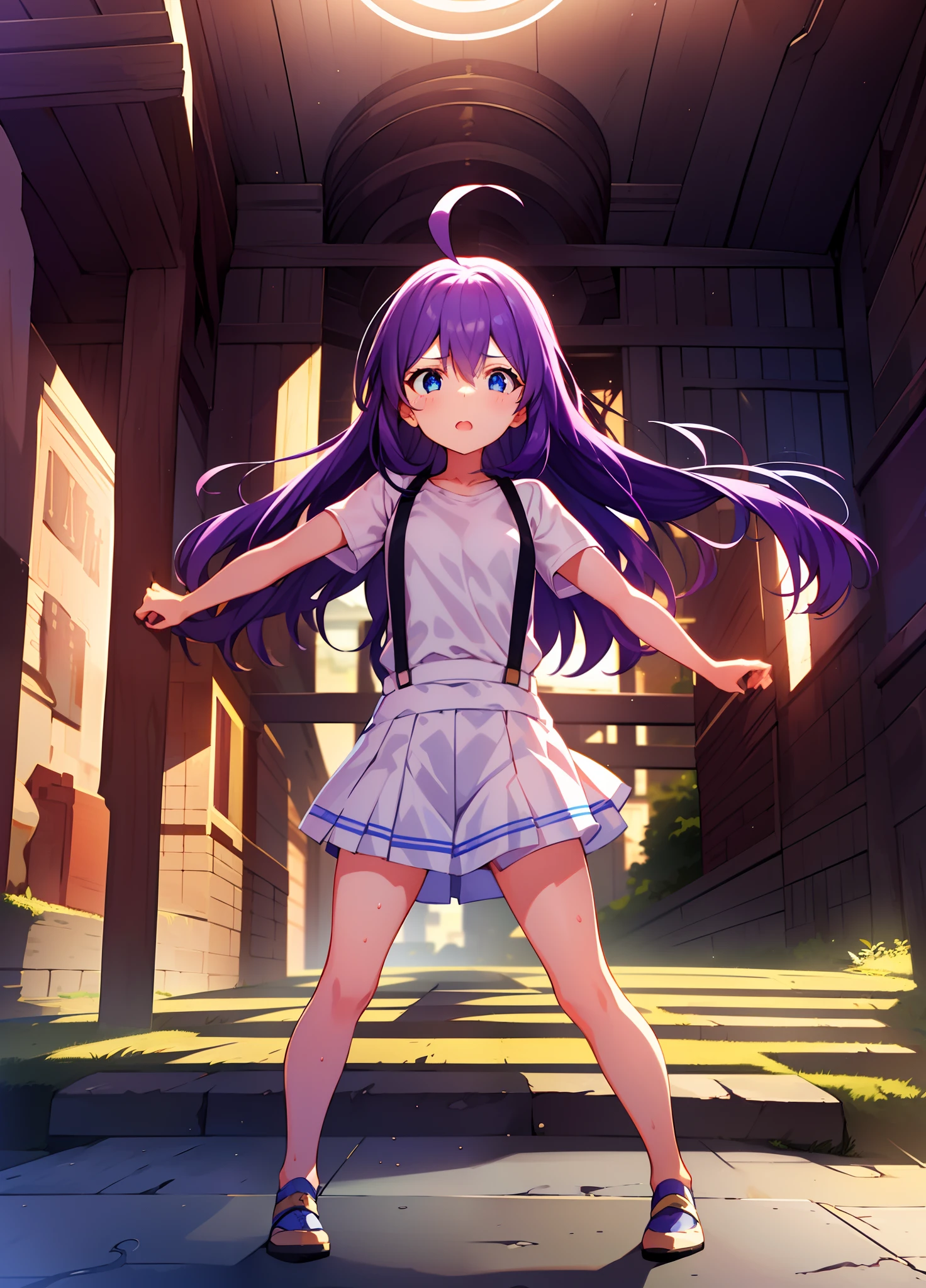 {{{{{mochizuki anna}}}}},1girl,solo,long hair,purple hair,small_ahoge,blue eyes.short stature.white t-shirts.suspenders.skirt.(((masterpiece))).(((best quality))).((ultra-detailed))).(((illustration))).night view.small Breasts.fighting stance.
