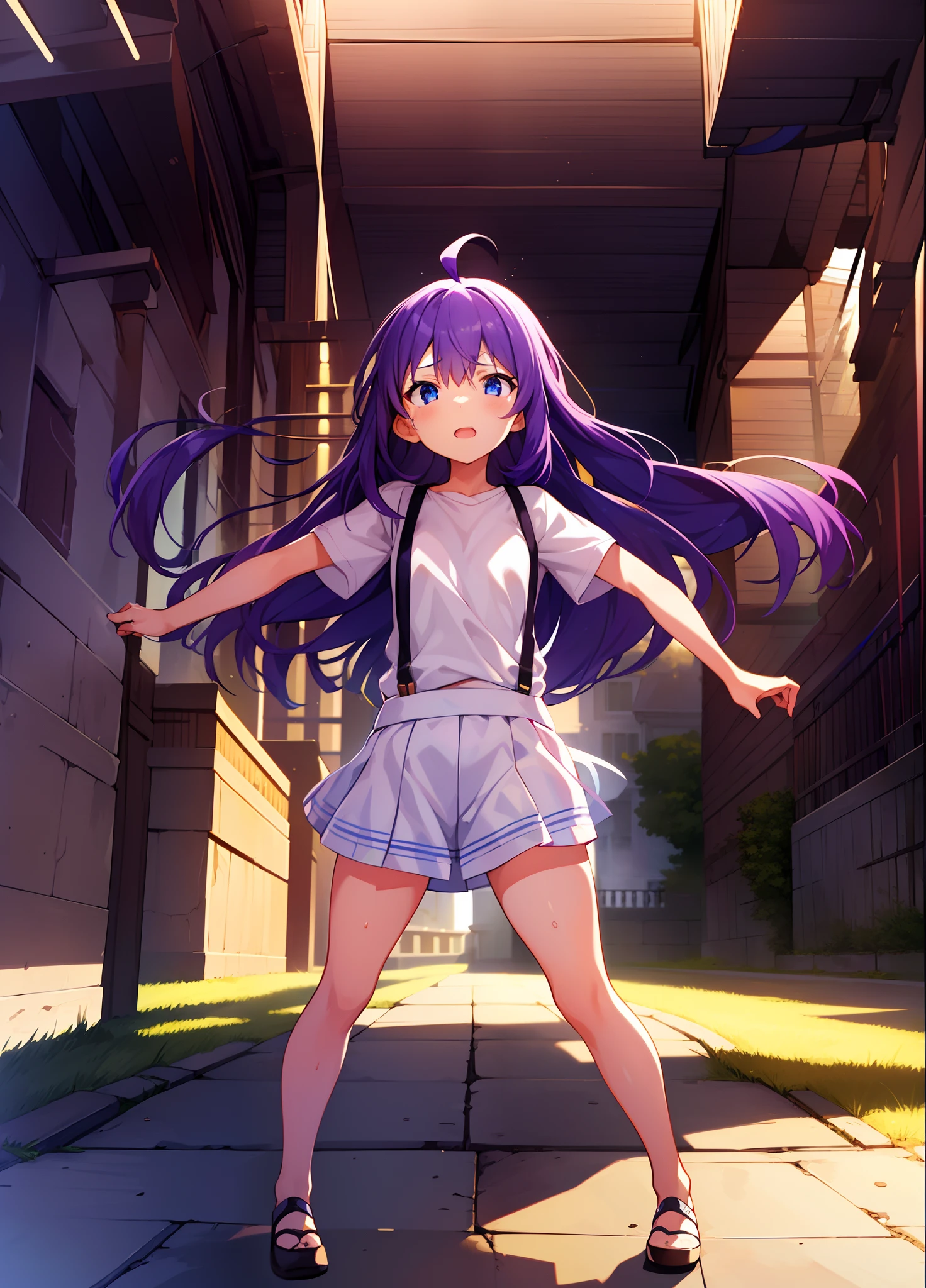 {{{{{mochizuki anna}}}}},1girl,solo,long hair,purple hair,small_ahoge,blue eyes.short stature.white t-shirts.suspenders.skirt.(((masterpiece))).(((best quality))).((ultra-detailed))).(((illustration))).night view.small Breasts.fighting stance.
