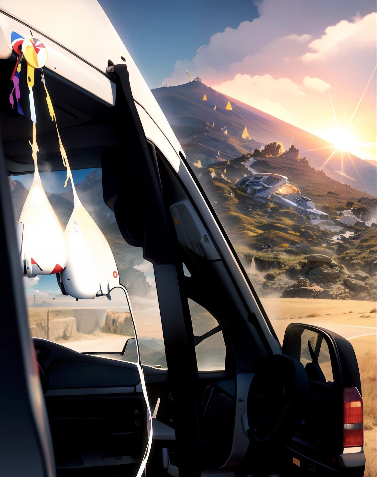 Line art, there is a white van with a white brag hanging from the side of it, thundra ufo crash site, traveling through the mountains, 4 0 9 6, pov shot, blocking the sun, road trip, on the side of the road, cone, front facing shot, pov photo, car shot, sweaty and gross pioneer work, beautiful views, harsh overhead sunlight, in the style of Peter Max