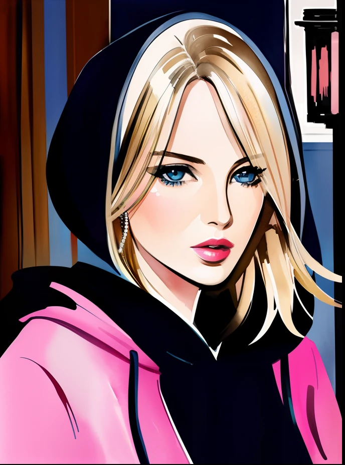 David downton fashio blondn illustration, blonde woman, blue eyes, pink lipstick, hoodie, restaurant cafe background, watercolor art