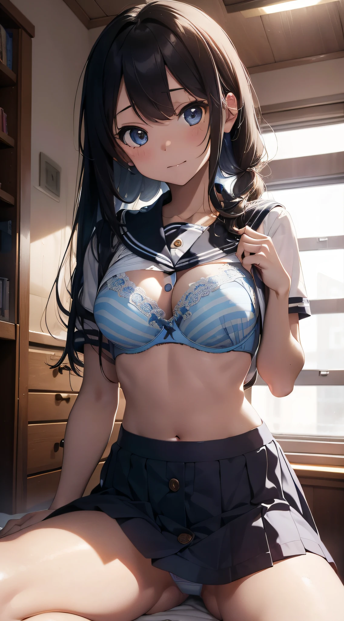 (masterpiece), (8K quality), Looking at Viewer、A mischievous smile, {}, (High school girl uniform、a sailor suit),Random hair,, flat chest ,Light blue and white striped bra and panties,((((Open the button to show off your bra,)))),,((Lie down and open your legs,(Pull up your skirt to show off your panties ))),((dramatic lighting)),