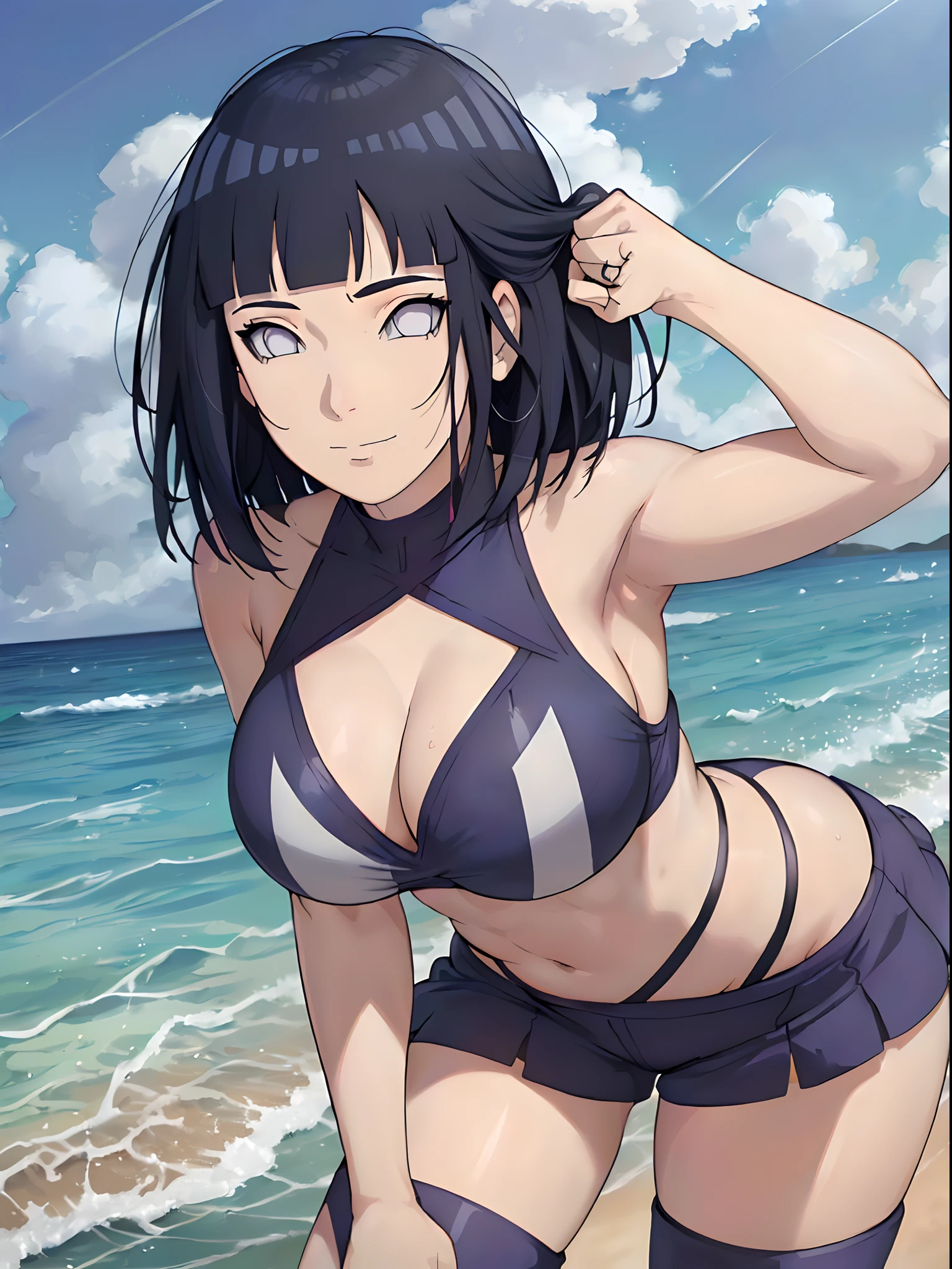 (WALLPAPER, (hinata\(boruto\), (((very skimpy ninja outfit))), masterpiece, 4k, vector coloring, whole body shot, (high color saturation), contrast lighting, mature female, (curvy:0.8), solo, anime style, sharp focus, professional artwork, intricate details, colorful, vibrant colors, vivid colors, digital blending, ultra detailed body, ultra detail hair, ultra detail face, trending on pixiv, very hot colors, (((beach background, outdoors))), detailed bold arm lines, high color saturation, bold lines, bold drawing lines),
(((leaning forward)), (head tilt), closed mouth, kind smile, extremely happy),
((dark blue hair color:1.1), wavy hair, ((short hair, hime cut)),
(perfect eyes, white sciera, bright eyes, white eyes, anime eyes, smoky eyeliner, eyeshadow)
(white skin, (fair skin), slender body, milf, perfect face),
(legs, big breasts, off-shoulders, (detailed shoulders, biceps lines)),
(bare shoulders, bare legs, (closed fists),