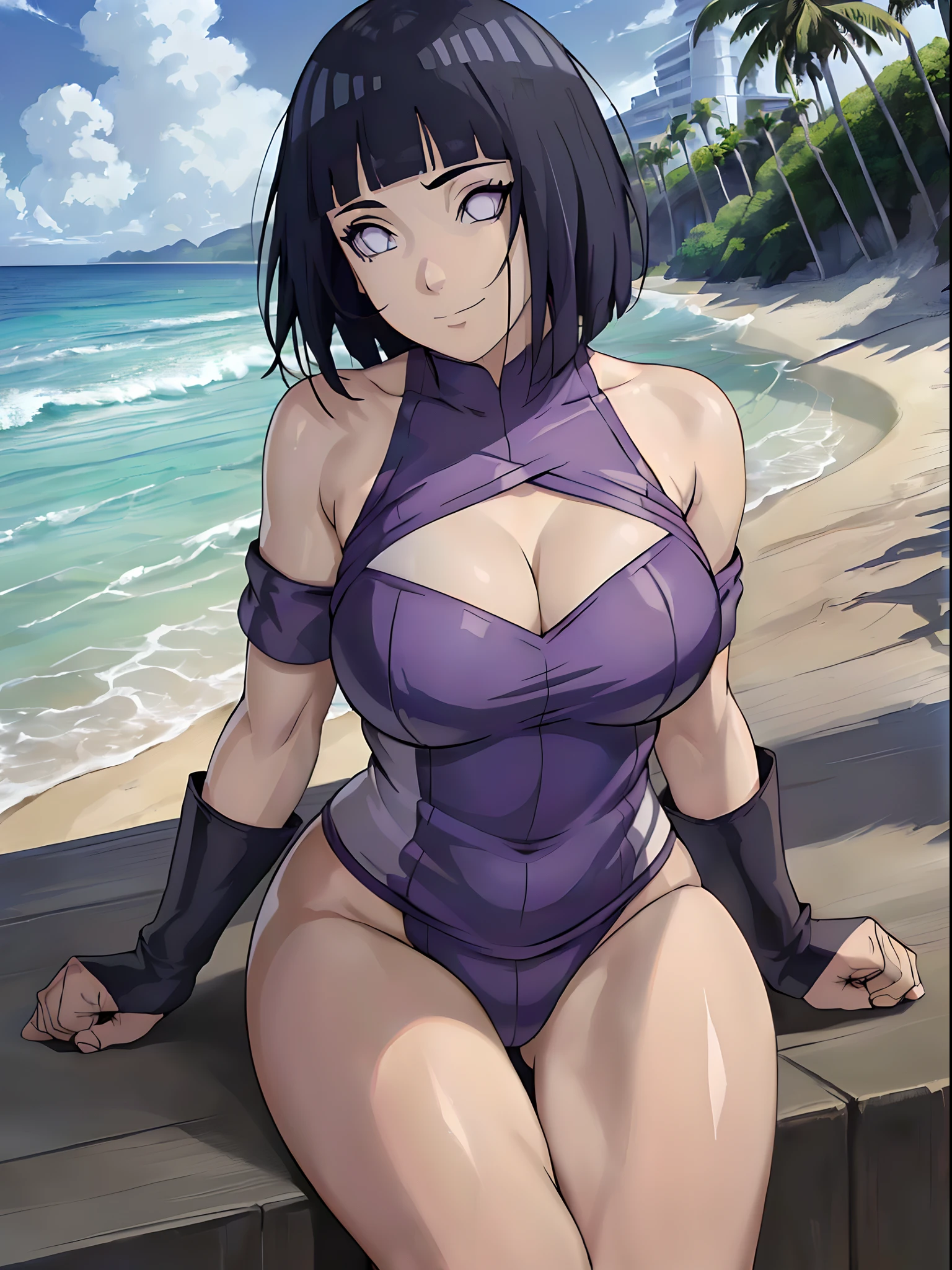 (WALLPAPER, (hinata\(boruto\), (((very skimpy shinobi outfit))), masterpiece, 4k, vector coloring, whole body shot, (high color saturation), contrast lighting, mature female, (curvy:0.8), solo, anime style, sharp focus, professional artwork, intricate details, colorful, vibrant colors, vivid colors, digital blending, ultra detailed body, ultra detail hair, ultra detail face, trending on pixiv, very hot colors, (((beach background, outdoors))), detailed bold arm lines, high color saturation, bold lines, bold drawing lines),
(((leaning forward)), (head tilt), closed mouth, kind smile, extremely happy),
((dark blue hair color:1.1), wavy hair, ((short hair, hime cut)),
(perfect eyes, white sciera, bright eyes, white eyes, anime eyes, smoky eyeliner, eyeshadow)
(white skin, (fair skin), slender body, milf, perfect face),
(legs, big breasts, off-shoulders, (detailed shoulders, biceps lines)),
(bare shoulders, bare legs, (closed fists),