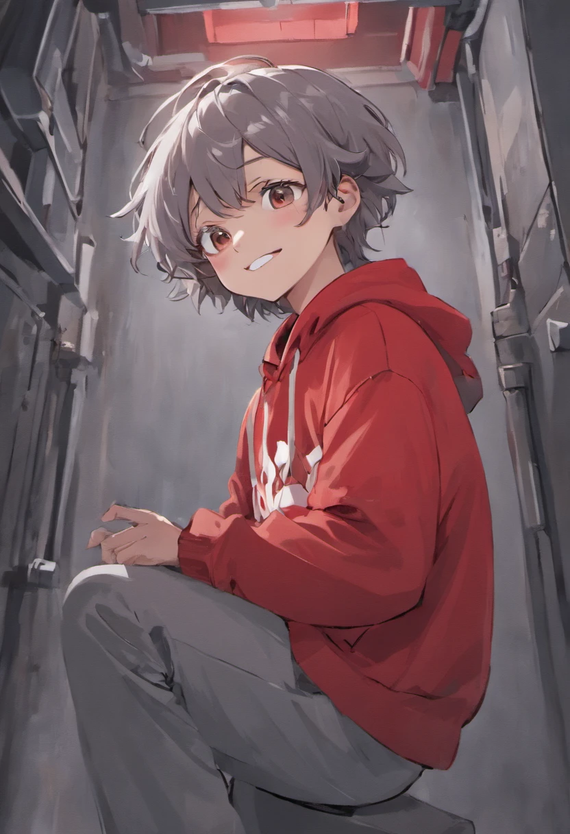 a boy with dark brown curly hair, wearing red hoodie (( NOTHING ON RED HOODIE )), ((ALL GREY BUCKET HATT)), ((WHITE SMILEY FACE on grey bucket hat)),(( blank pants)), (( doing ✌️ hands )) ((doing a peace sighn as his pose)) ((eyes closed)) (( eyes close because he is smiling )) (( Smiling big)) ((grey bucket hat with the white smiley face most important)),(( smiling))