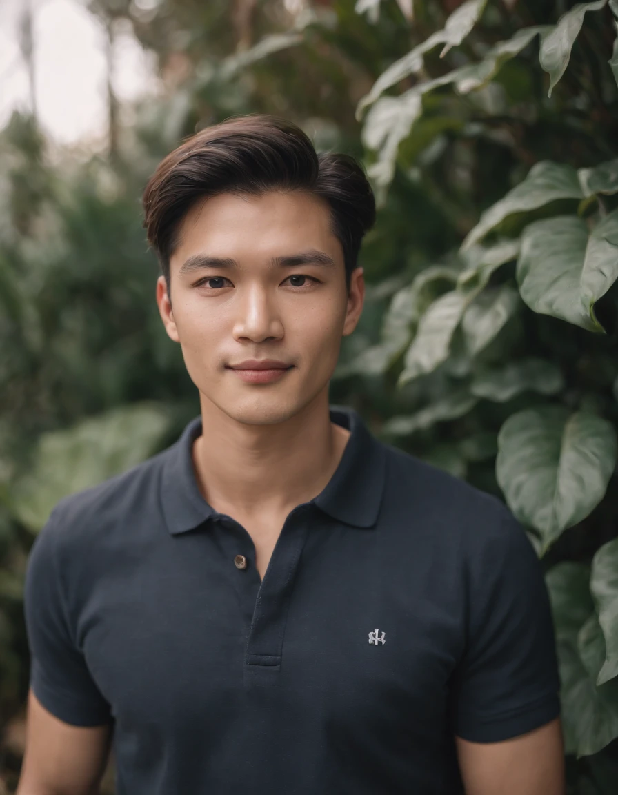 Film photos. 35mm photo, film, bokeh, professional, 4k, highly detailed, a man standing in front of some plants, (dark polo shirt), thin, contemporary realism portrait photography, genderless, sony alpha a7 iii, waves , folk portrait, asian man, shy, smiling, medium shot